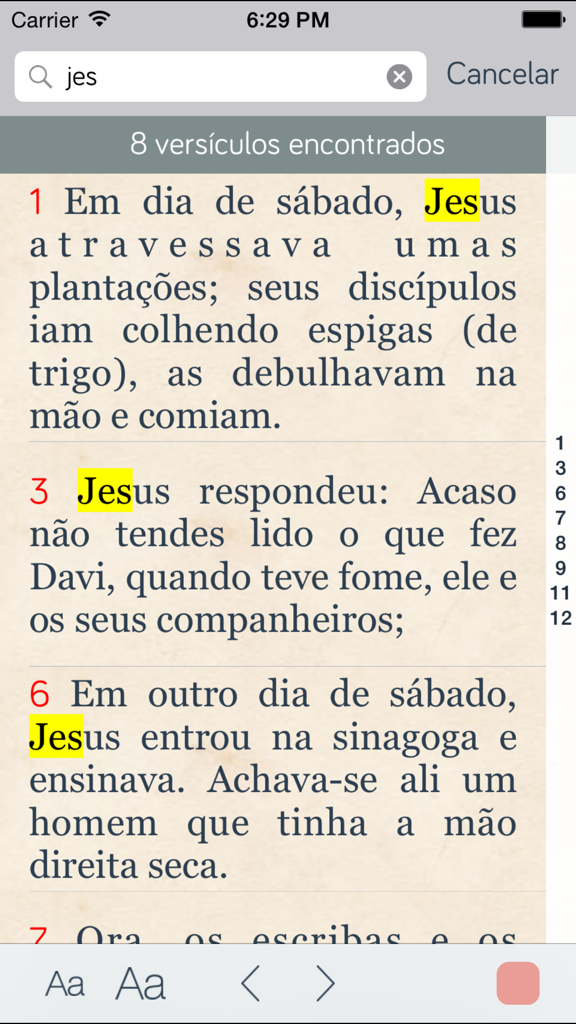 Pocket Biblia - Bíblia Católica - Search results screen in the Pocket Biblia app showing highlighted Bible verses in Portuguese