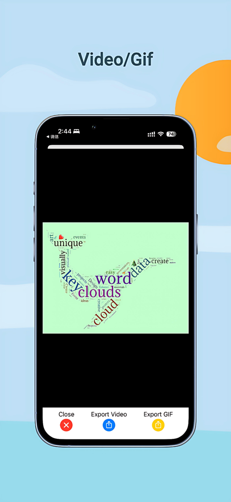 비디오 및 GIF 내보내기 옵션이 있는 새 모양의 단어 구름이 표시된 모바일 앱 인터페이스