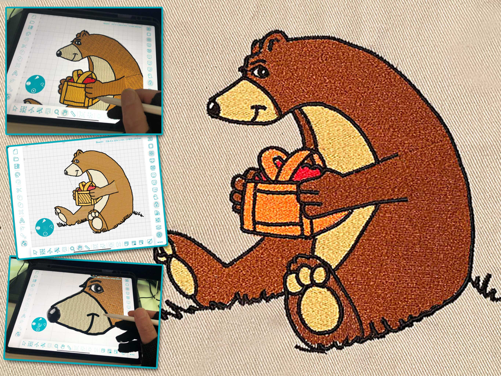 Embroidery Design Doodler - A bear embroidery design being created on an iPad with an Apple Pencil and its final stitched result.