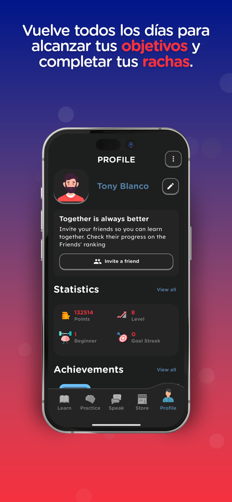 Inglés Fácil - Francisco Ochoa - User profile screen of the Ingles Facil app showing learning statistics and achievements