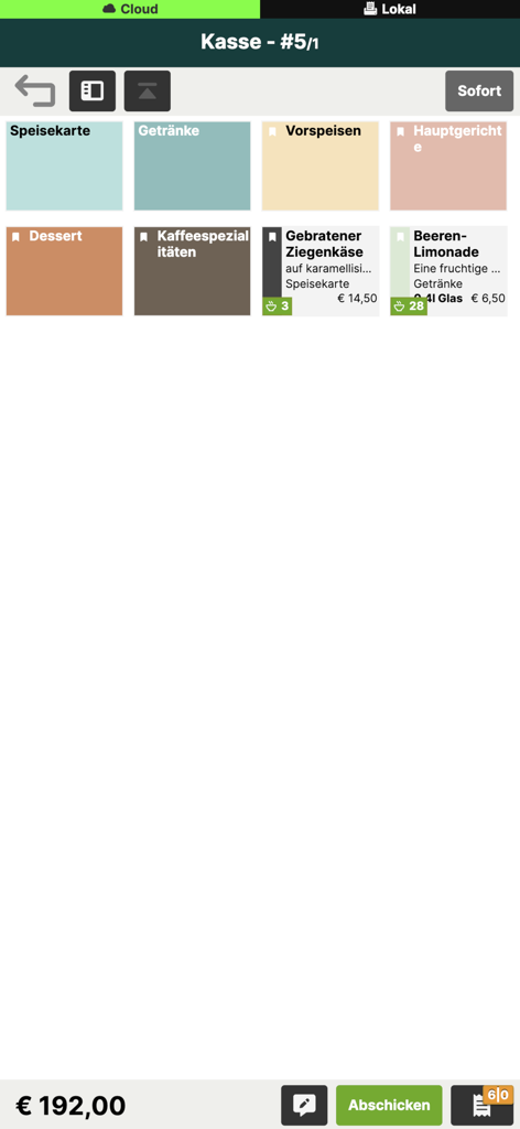 gastronovi Office - Digital restaurant POS system interface showing menu categories and order total.