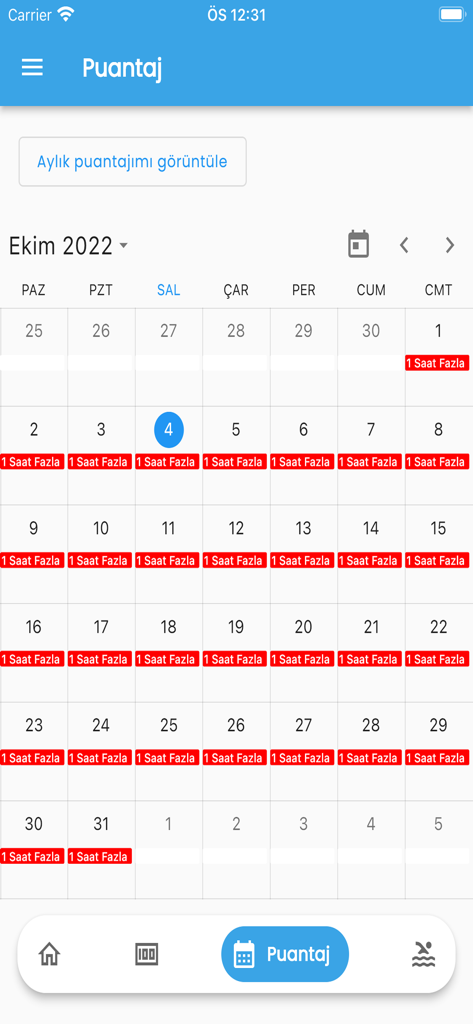 Calendario de asistencia de e-Nómina para Trabajadores que muestra las horas extras mensuales