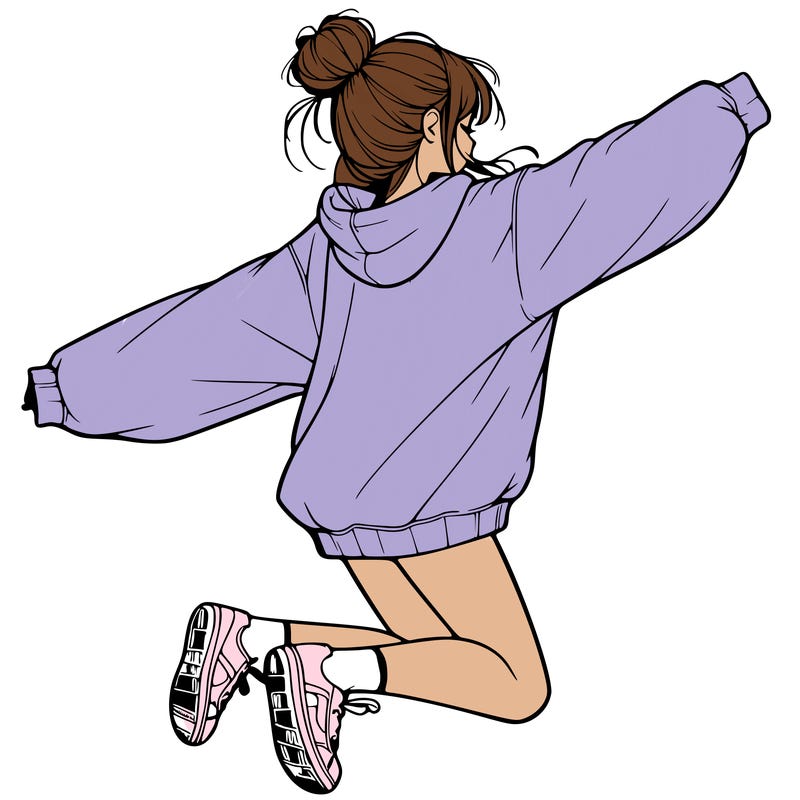 realistic girl jumping with a bun and oversized sweatshirt