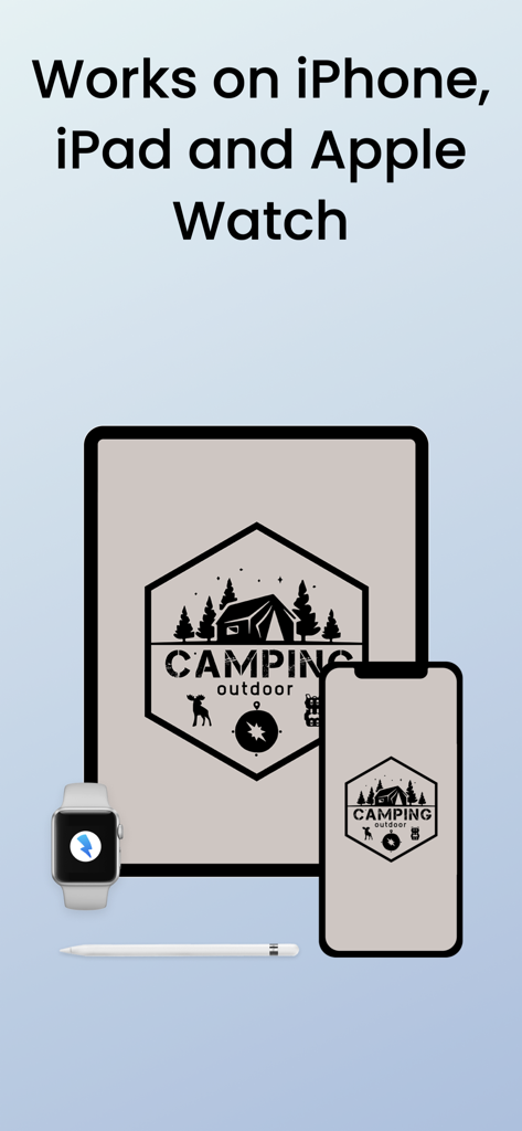 Logo Maker, Design Creator. - Logo Maker app interface shown across iPhone, iPad, and Apple Watch with Apple Pencil