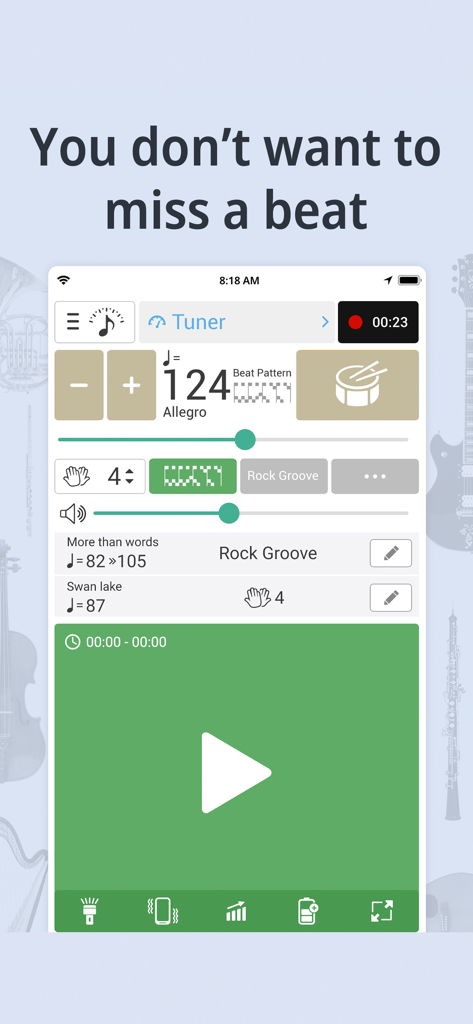 Tuner & Metronome -Soundcorset - Interface do metrônomo do aplicativo Soundcorset mostrando configurações de tempo e ritmo