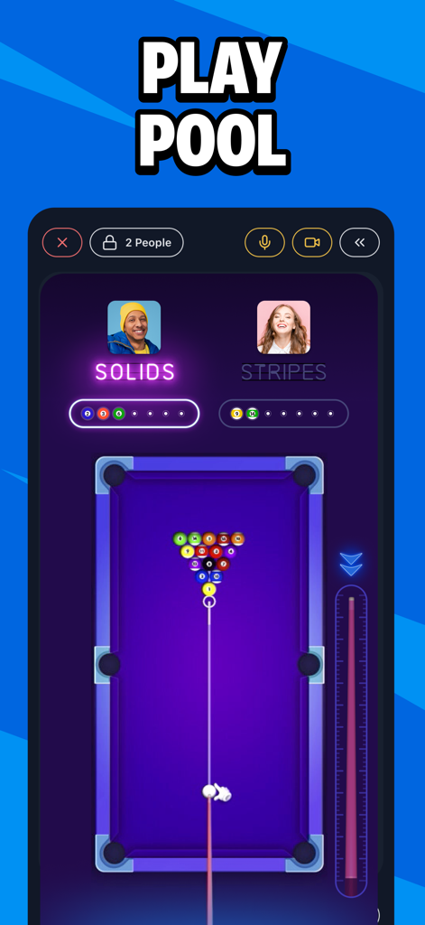 Two people playing an online multiplayer pool game together in the MiniParty social app.