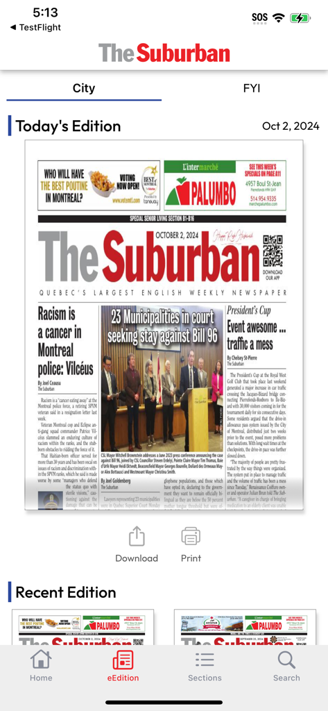 The Suburban Newspaper mobile app eEdition screen displaying the daily digital newspaper edition.