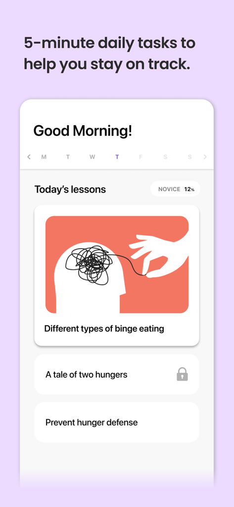 R.care - Binge Eating Recovery - R.care app interface showing daily five minute lessons for binge eating recovery