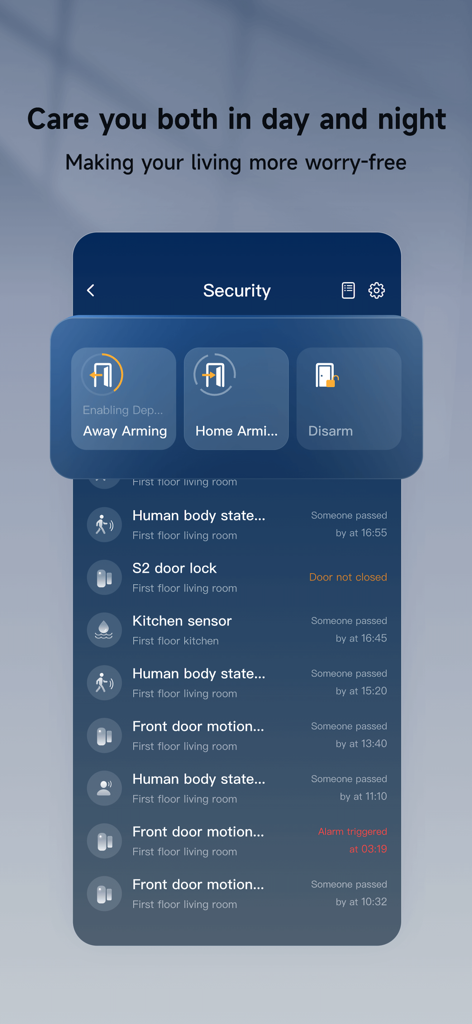 ORVIBO Home App Sicherheitsoberfläche, die Armierungsmodi und Protokolle von Bewegungssensorereignissen anzeigt.