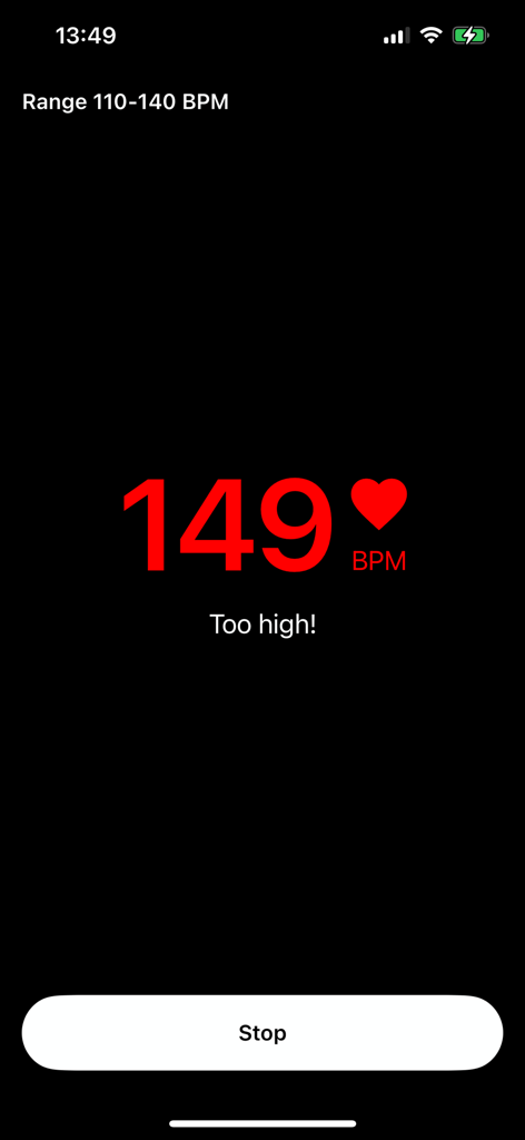Heart Alert - Interfaccia dell'app Heart Alert che mostra un avviso di alta frequenza cardiaca di 149 BPM con un messaggio di avvertimento