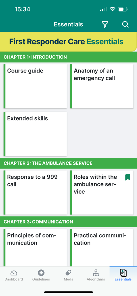 Responder Plus - Responder Plus app interface displaying medical training chapters for first responders