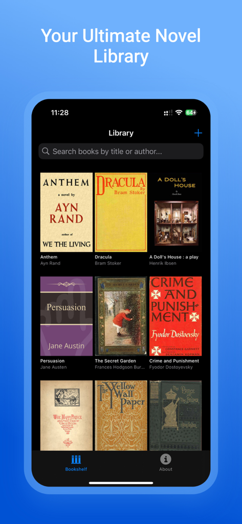 Novels Stories & Books Reader - A mobile app interface showing a digital library of classic book covers including Dracula and Crime and Punishment.