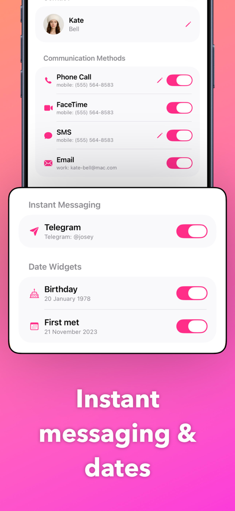 Darling - Interface do aplicativo Darling mostrando opções de comunicação de contato e widgets de data para aniversários e datas comemorativas.