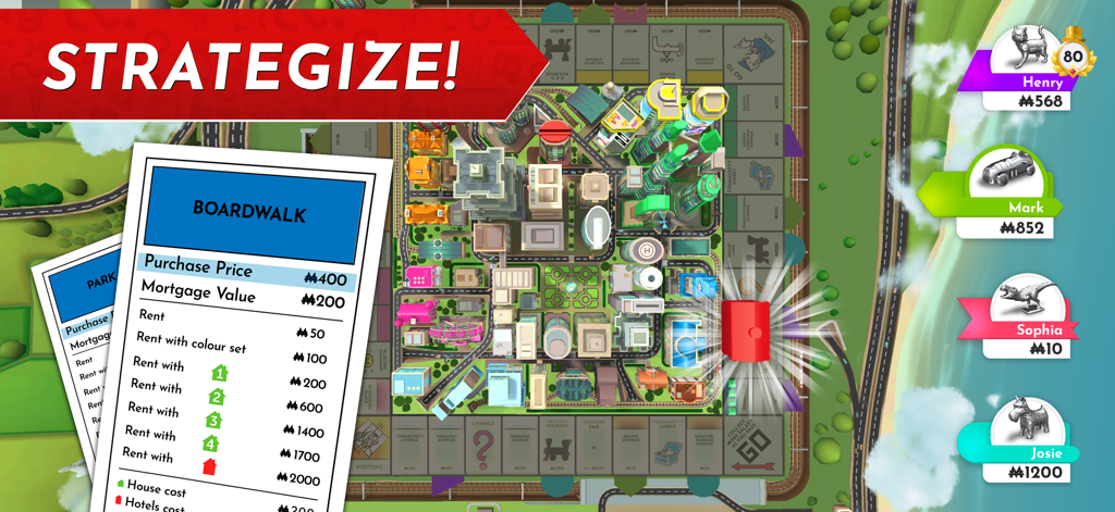 A 3D Monopoly board with city buildings and a Boardwalk property card highlighting rent details