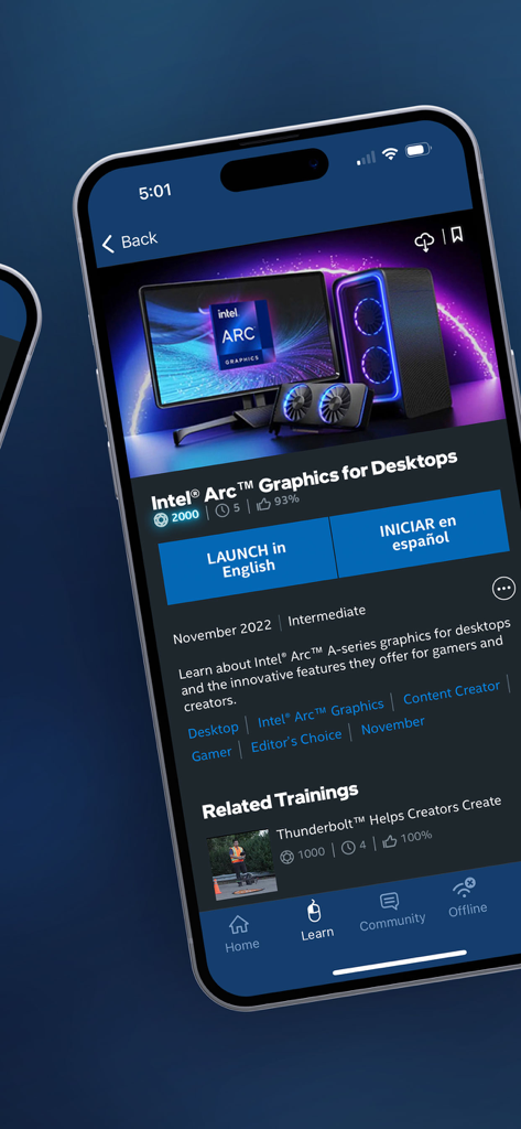 Interface do aplicativo Intel Retail Edge Program mostrando um módulo de treinamento para gráficos Intel Arc