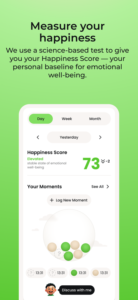 HappyHero app screen showing a daily happiness score of 73 with options to log moments and chat with an AI coach