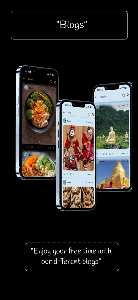 A mobile app interface displaying lifestyle and nutrition blog feeds on three smartphone screens