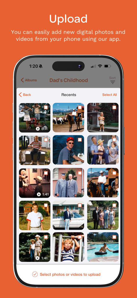 iMemories - iMemories app interface showing an album of vintage family photos ready for upload