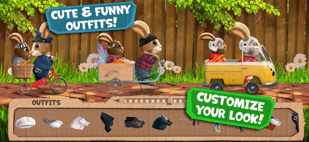 Pet Racing: Kids Go-Kart Game - Bunny characters in different costumes with an outfit selection menu for game customization