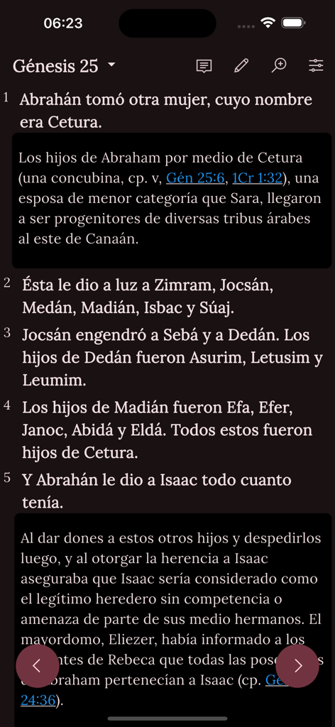 Biblia Estudio de MacArthur - Interfaz de la aplicación Biblia Estudio de MacArthur mostrando el capítulo 25 de Génesis con notas de estudio y comentarios detallados en español