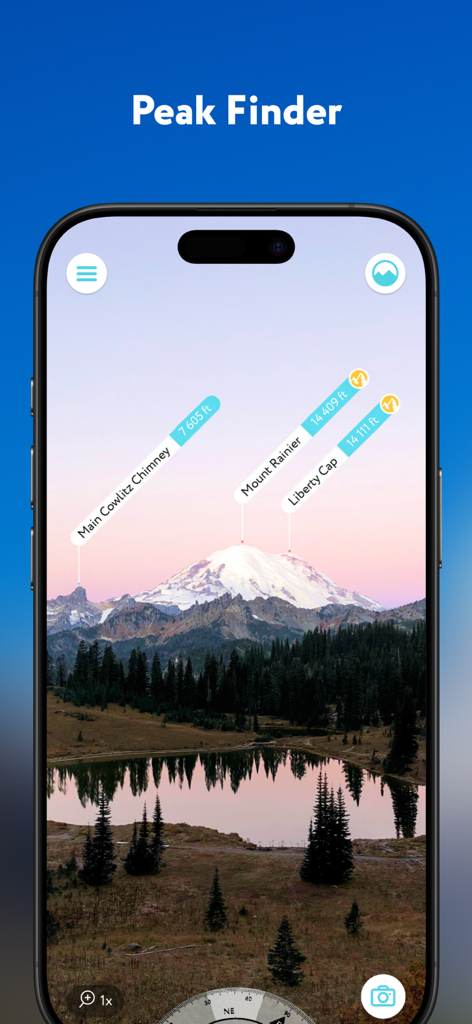 Augmented reality interface of PeakVisor app identifying mountain peaks like Mount Rainier with altitude tags.