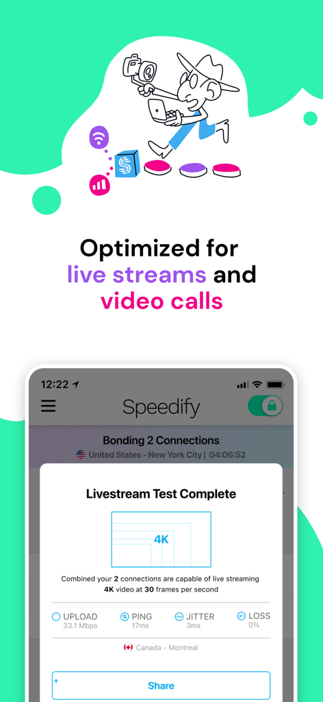 Speedify App-Oberfläche, die einen abgeschlossenen Livestream-Test für 4K-Video-Streaming mit gebündelten Verbindungen zeigt