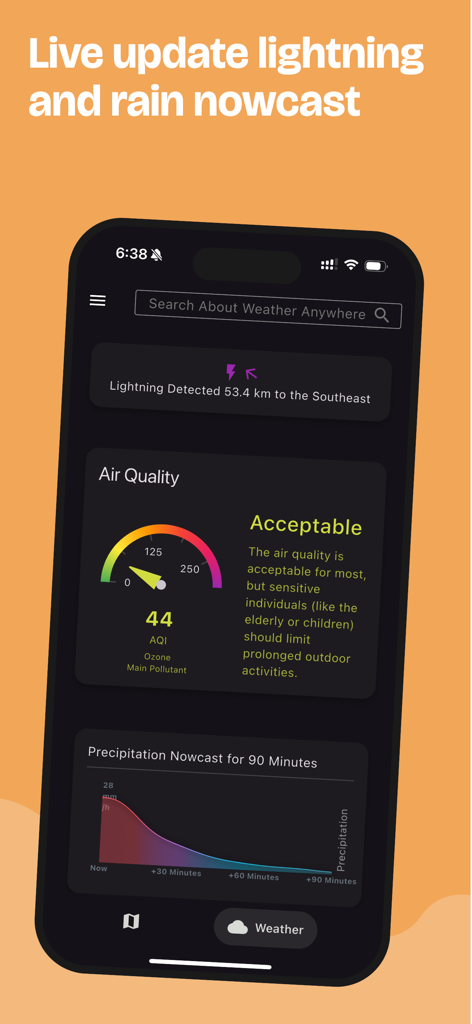 Rain Maps - Interfaz de la aplicación Rain Maps que muestra alertas de rayos en vivo y monitorización del índice de calidad del aire
