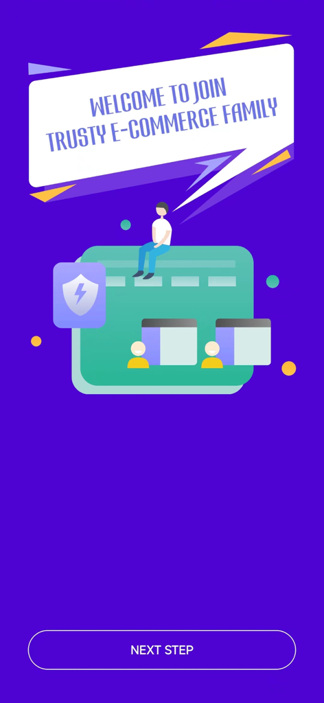 Trusty Pay - Trusty Pay mobile app onboarding screen featuring a welcome message to the ecommerce family