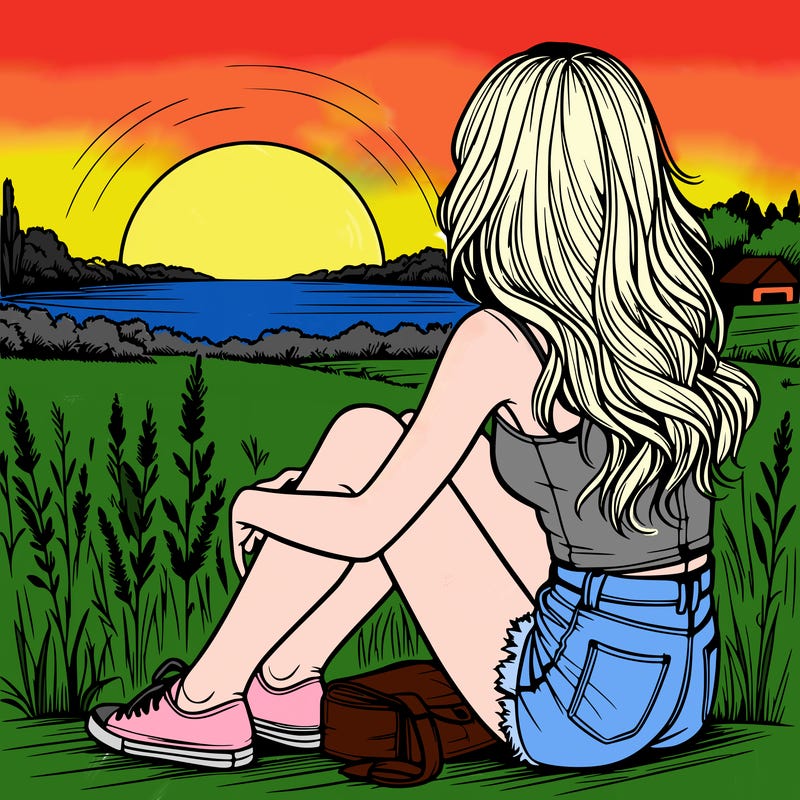 realistic girl sitting and watching the sunset
