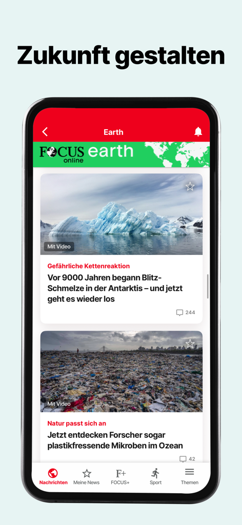 FOCUS online app screen showing environmental news articles under the FOCUS earth section