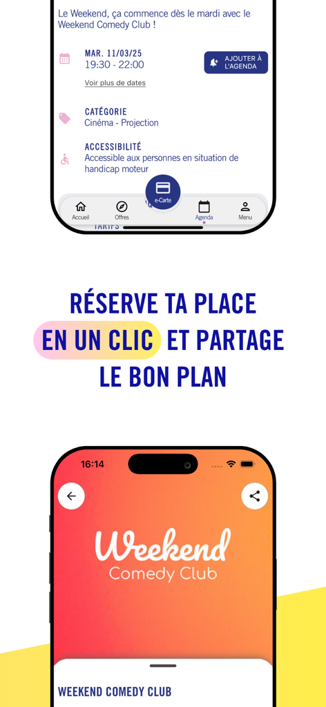 Carte jeune - カルテ・ジューヌアプリのスクリーンショット、コメディクラブのイベント詳細を表示し、カレンダーに追加したり共有したりするオプションを表示