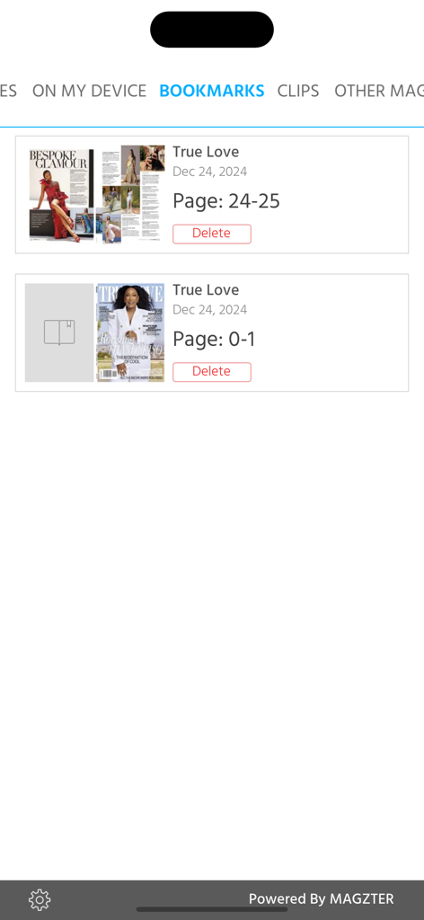 True Love SA - Bookmarks section of the True Love SA app showing saved pages and articles from the magazine.