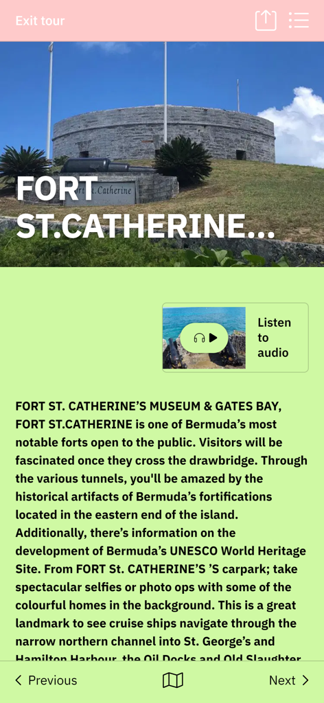BERMUDA SMART TOURS - Pantalla de la audioguía del Fuerte St Catherine en la aplicación Bermuda Smart Tours