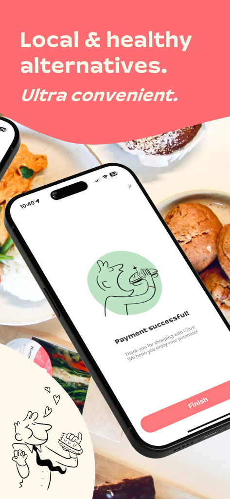 Gus Foods - Gus Foodsモバイルアプリの支払い完了画面には、ヘルシーな食品の背景が表示されています。