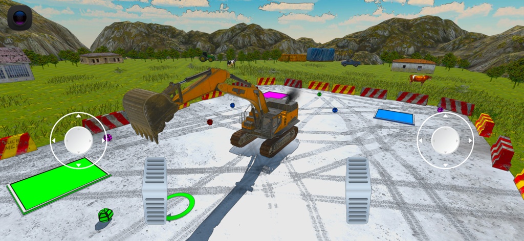 A yellow excavator in a training area with on-screen touch controls in Excavator Simulator REMAKE