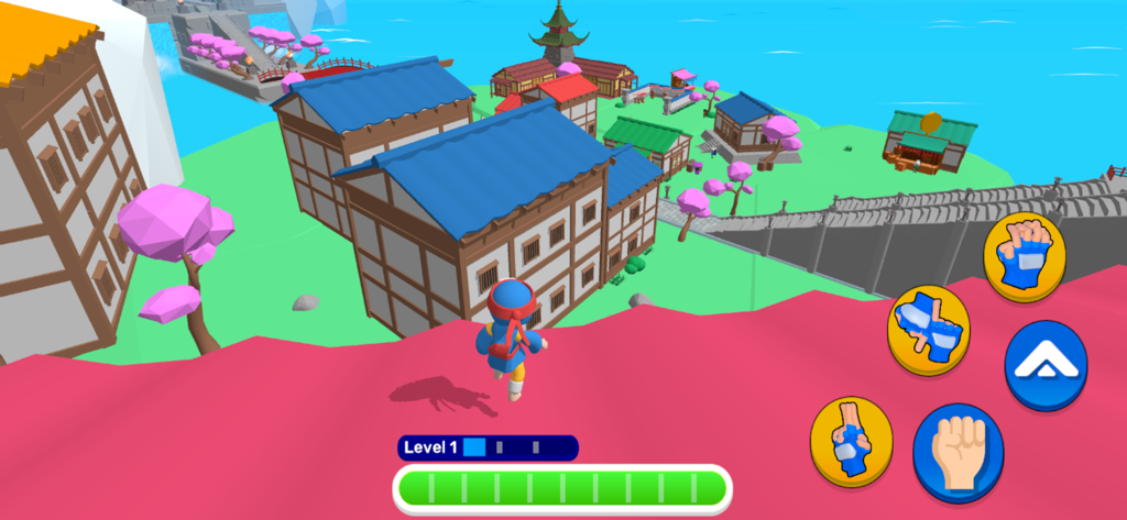 Ninja World Adventure - A ninja character overlooking a vibrant stylized village with cherry blossom trees in Ninja World Adventure.