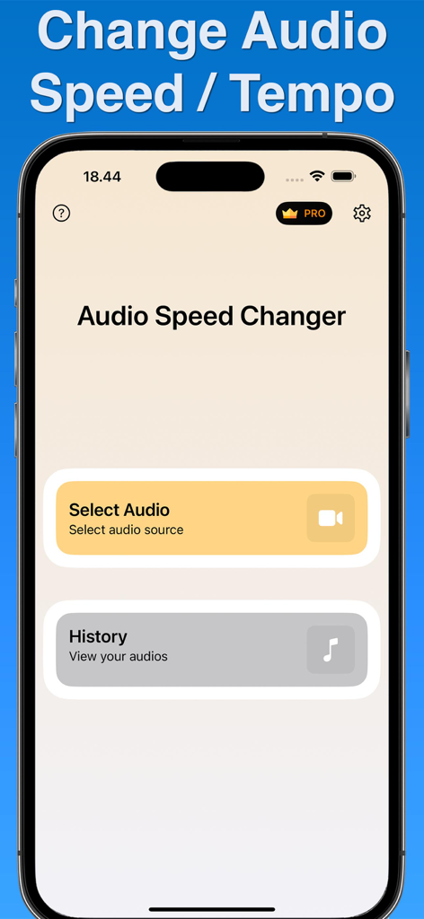 Music Speed Changer - Audio - Tela inicial do aplicativo Music Speed Changer com opções para selecionar áudio e visualizar histórico