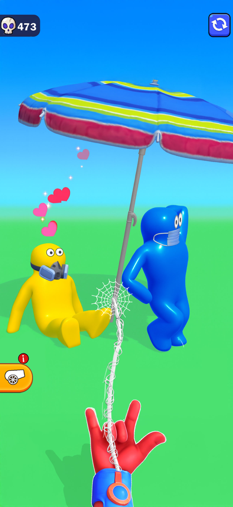 ビーチパラソルの下で、ウェブシューターで狙われているキャノン・カオス：おもしろショット！のキャラクターたち