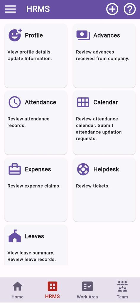 EazeWork HRMS mobile application interface showing menu options for profile, attendance, expenses, and leave management