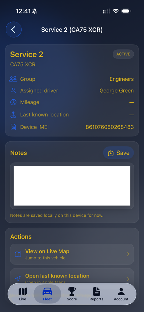 Interface of the Tracking Guardian app showing detailed information for a fleet vehicle including driver name, status, and tracking actions.