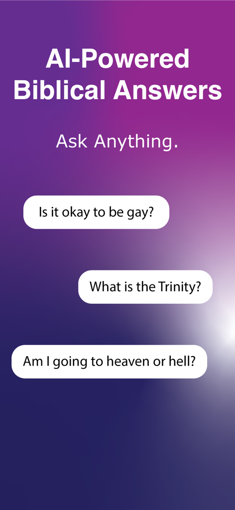 Theosis: AI Bible Study Chat - Theosis app screen displaying AI-powered biblical answers with sample faith-based questions in chat bubbles.