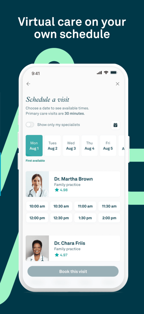 First Stop Health - Mobile screen showing how to schedule a virtual doctor appointment on the First Stop Health app