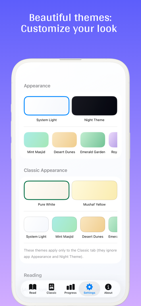 Quran Art app settings screen showing various color themes for interface customization