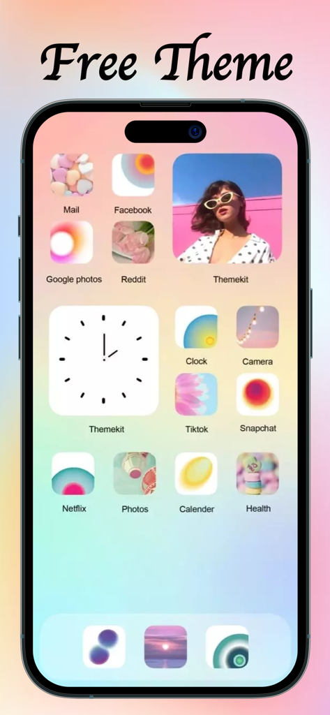 LockWidget: Lock Screen,Themes - Customized iPhone home screen featuring a pastel gradient theme with aesthetic app icons and an analog clock widget