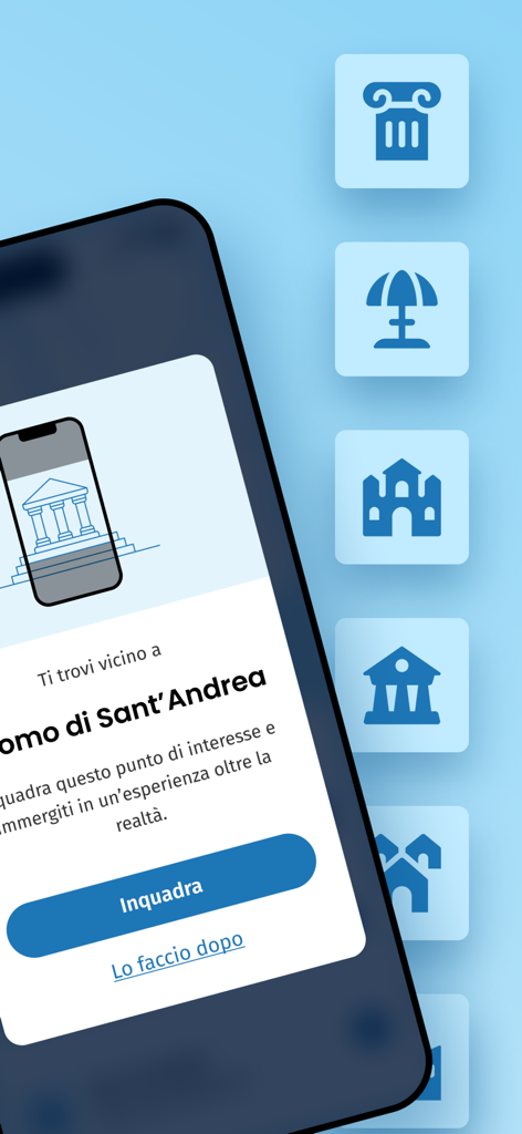 Interfaz de la aplicación TravelmAR con un escáner de realidad aumentada para monumentos de la Costa Amalfitana