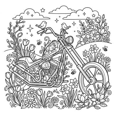 Embrace the spirit of spring and the open road with this captivating chopper motorcycle coloring page. Adorned with delicate flowers and buzzing bees, it promises a unique blend of power and natural beauty.