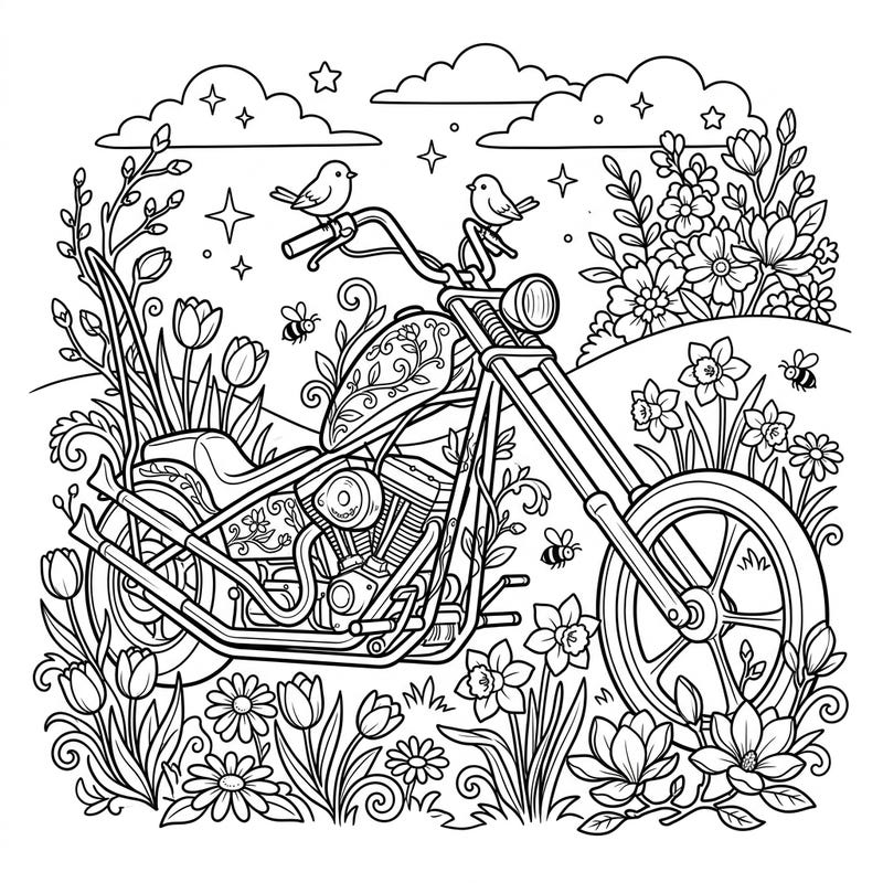 Embrace the spirit of spring and the open road with this captivating chopper motorcycle coloring page. Adorned with delicate flowers and buzzing bees, it promises a unique blend of power and natural beauty.