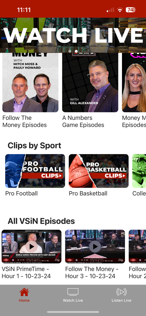 VSiN Watch - VSiN Watch app home screen displaying sports betting talk shows and live video content