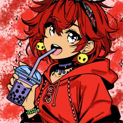 hot baddie anime girl drinking boba and biting the straw
