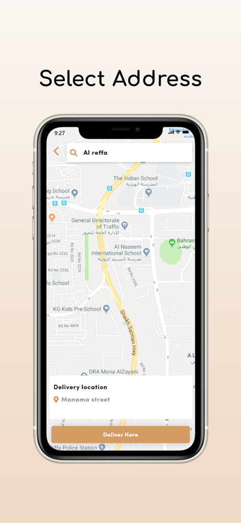 Almanar Bakery - Almanar Bakery mobile app screen showing a map interface to select a delivery address